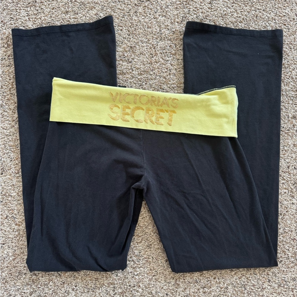 Vintage Victoria's Secret Black Leggings with Yellow Foldover Waistband